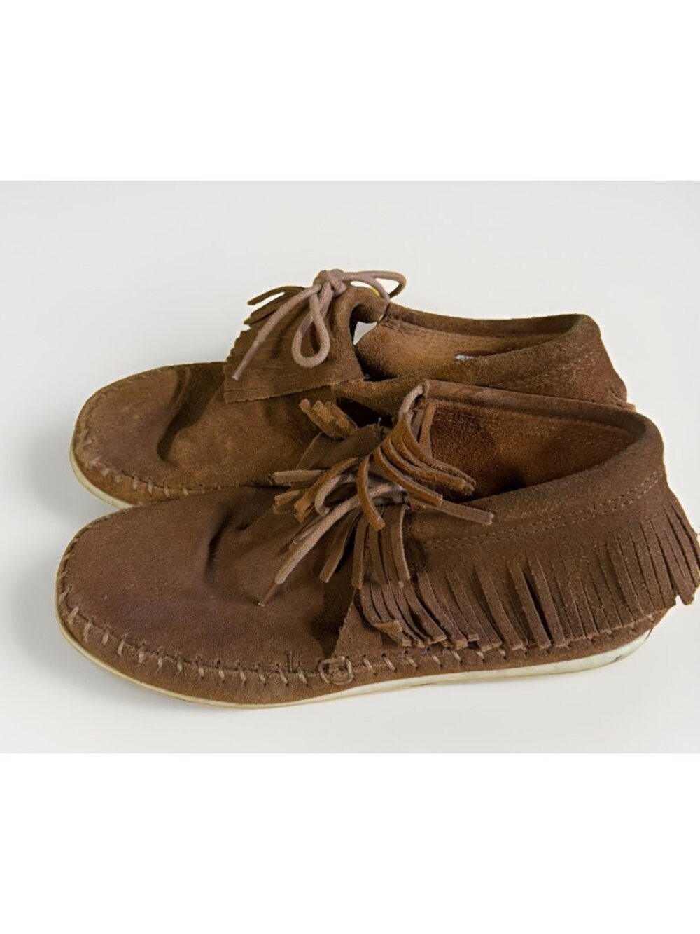 Minnetonka Venice Fringe Lace Up Moccasins Shoes Brown Leather Womens Size 6.5